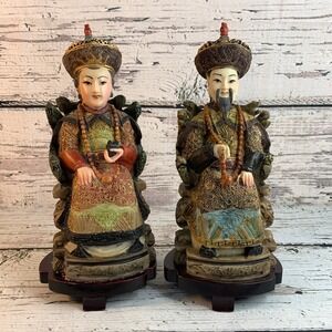 Asian Emperor Empress Figurines Seated Statues Home Decor 11.5" Vintage Resin‎
